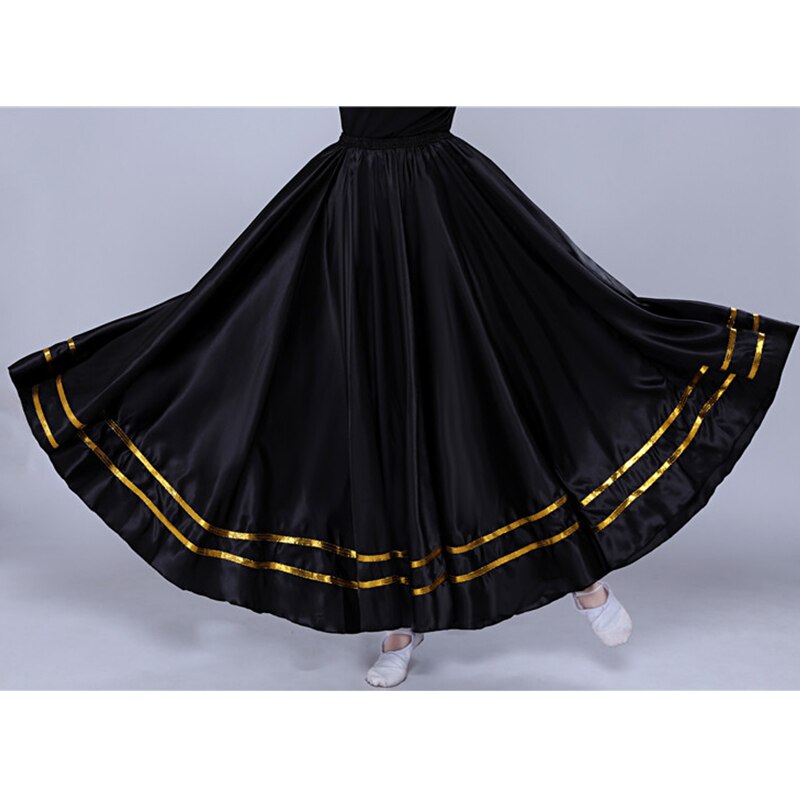 Svart traditionell spansk flamenco kjol zigenare kvinnor dans dräkt randig satäng slät stora gung kjolar mage kläder  dl5156