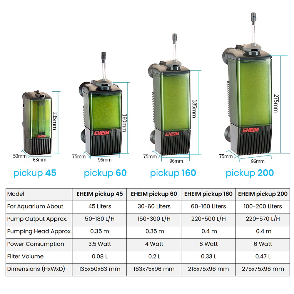 EHEIM Pickup 45/60/160/220 Filtro interno de agua de acuario silencioso compacto para pequeños tanques de peces de agua dulce y salada