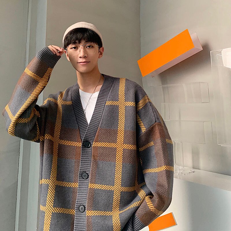 Cotton Cardigan Men&#39;s Warm Retro Casual Plaid Sweater Jacket Men Streetwear Loose Sweater Coat Mens Korean Clothes M-2XL