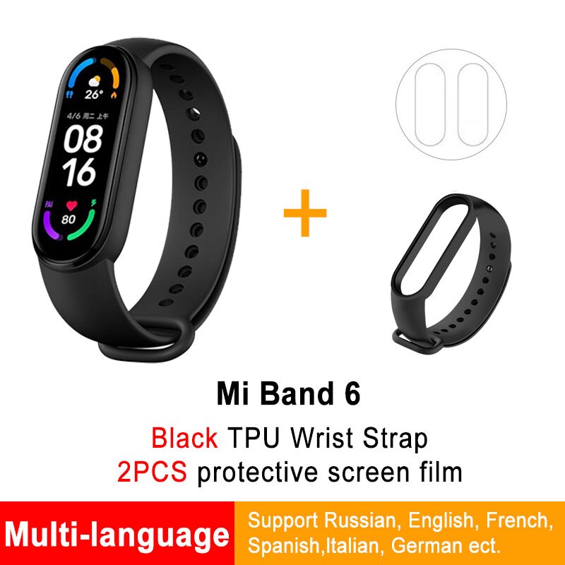 Global Version Xiaomi Mi Band 6 Smart optional Bracelet Color Blood Oxygen Fitness Traker Heart Rate Bluetooth Waterproof: GB 2Flims BL