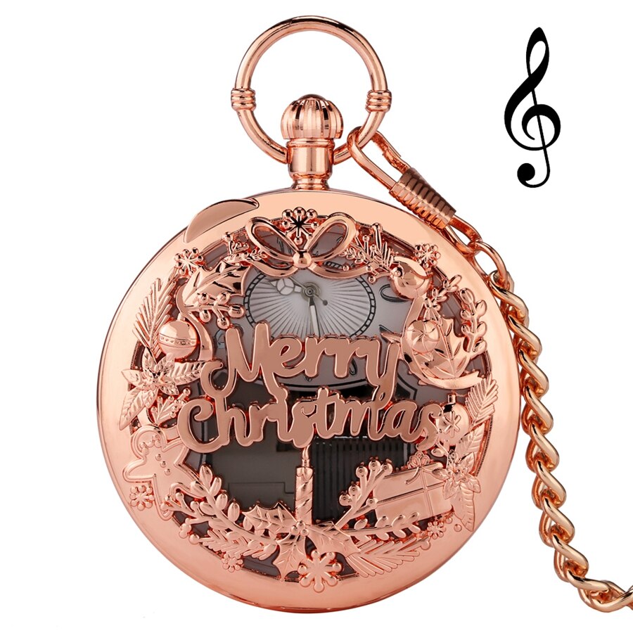 Reloj de bolsillo con movimiento Musical de plata de lujo, pulsera de mano de cuarzo con manivela para reproducir música, Fob, cadena colgante, de Año: rose gold