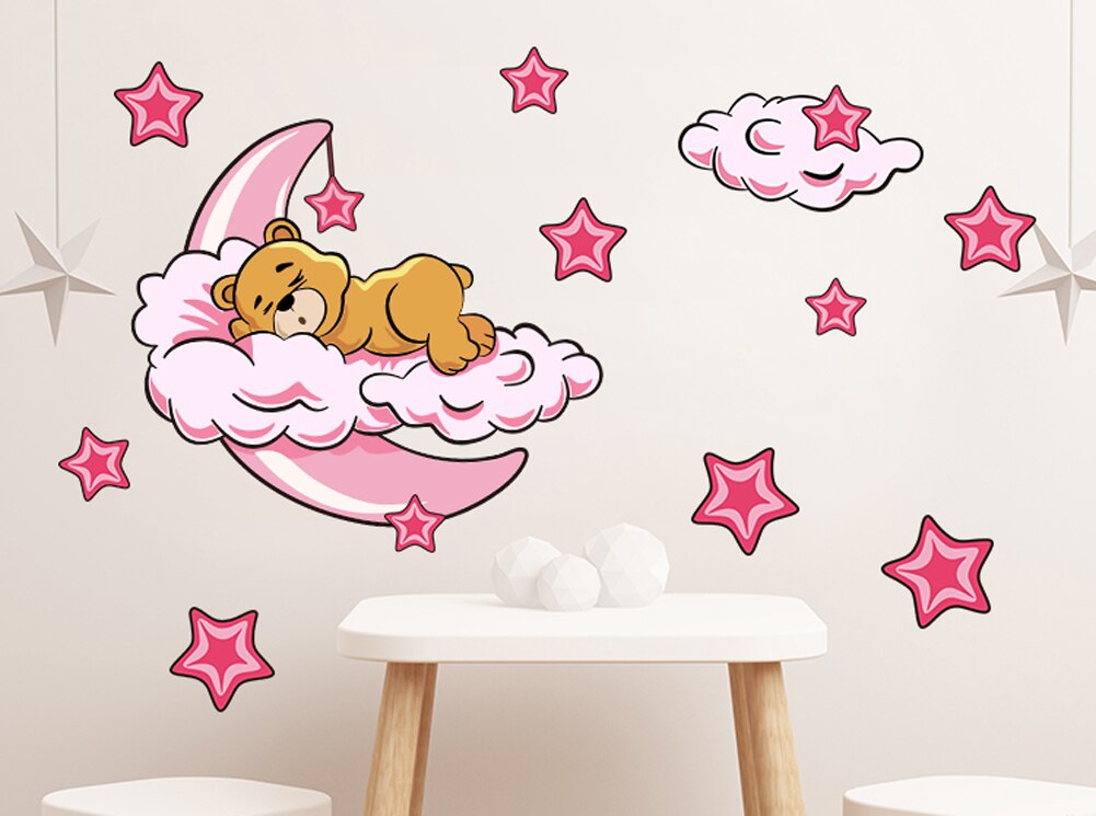 Sød månestjerne bjørn wallsticker børnehave børn baby værelse vinyl mærkat aftagelig sovende bjørn måne stjerner plads vægmaleri børnehave indretning