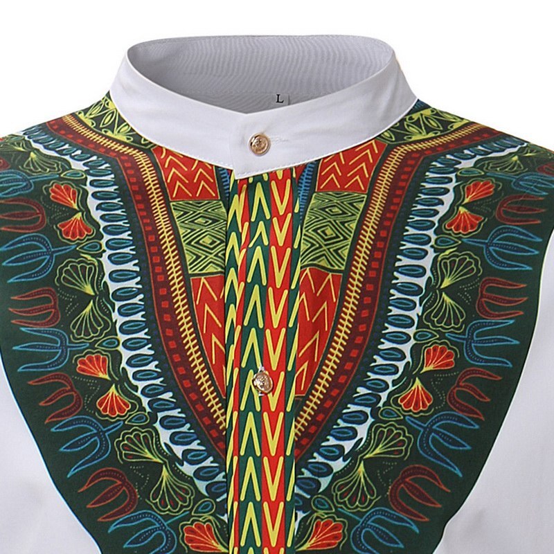 Vintage Mannen Etnische Print Top Tees Lange Mouw Stand Kraag Afrikaanse Print Dashiki Shirt Wit Heren Kleding