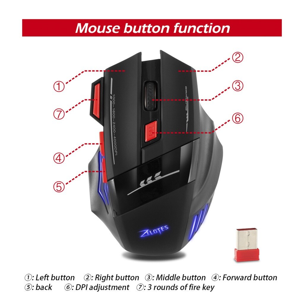 Zelotes 2.4G di Ricarica Gaming Mouse USB Ricevitore 30 Metri Senza Fili di Collegamento 250Hz / 500Hz Finestre 2000 / ME Mac OS