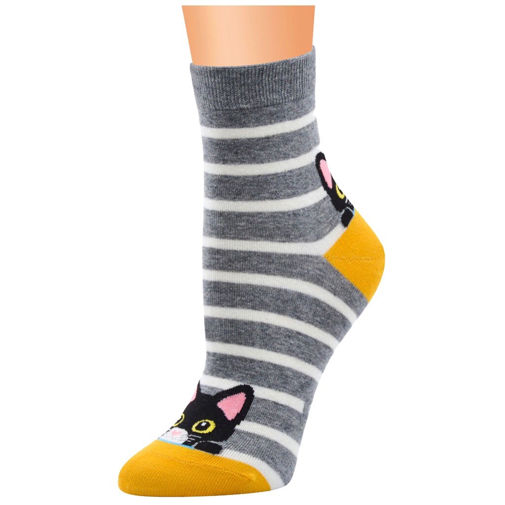 Socks Women Girls Casual Stripe Cat Printing Cotton Women Socks Harajuku Skarpetki Calcetines Mujer Носки Женские: Gray 