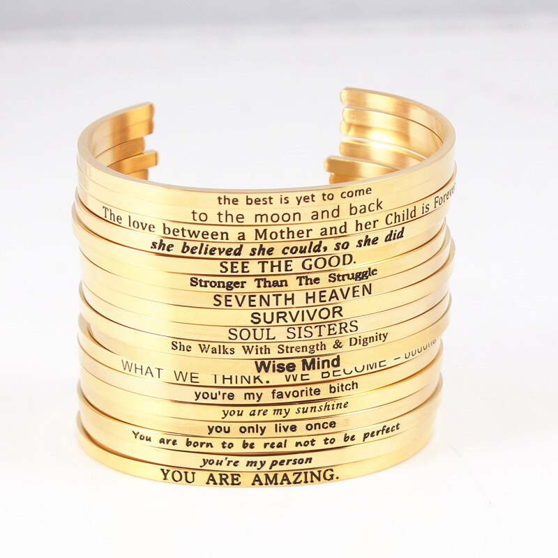 Trend Quotes Mantra Bracelets 316L Stainless Steel Open Cuff Bangle Women Gold Inspirational Jewelry Bracelets