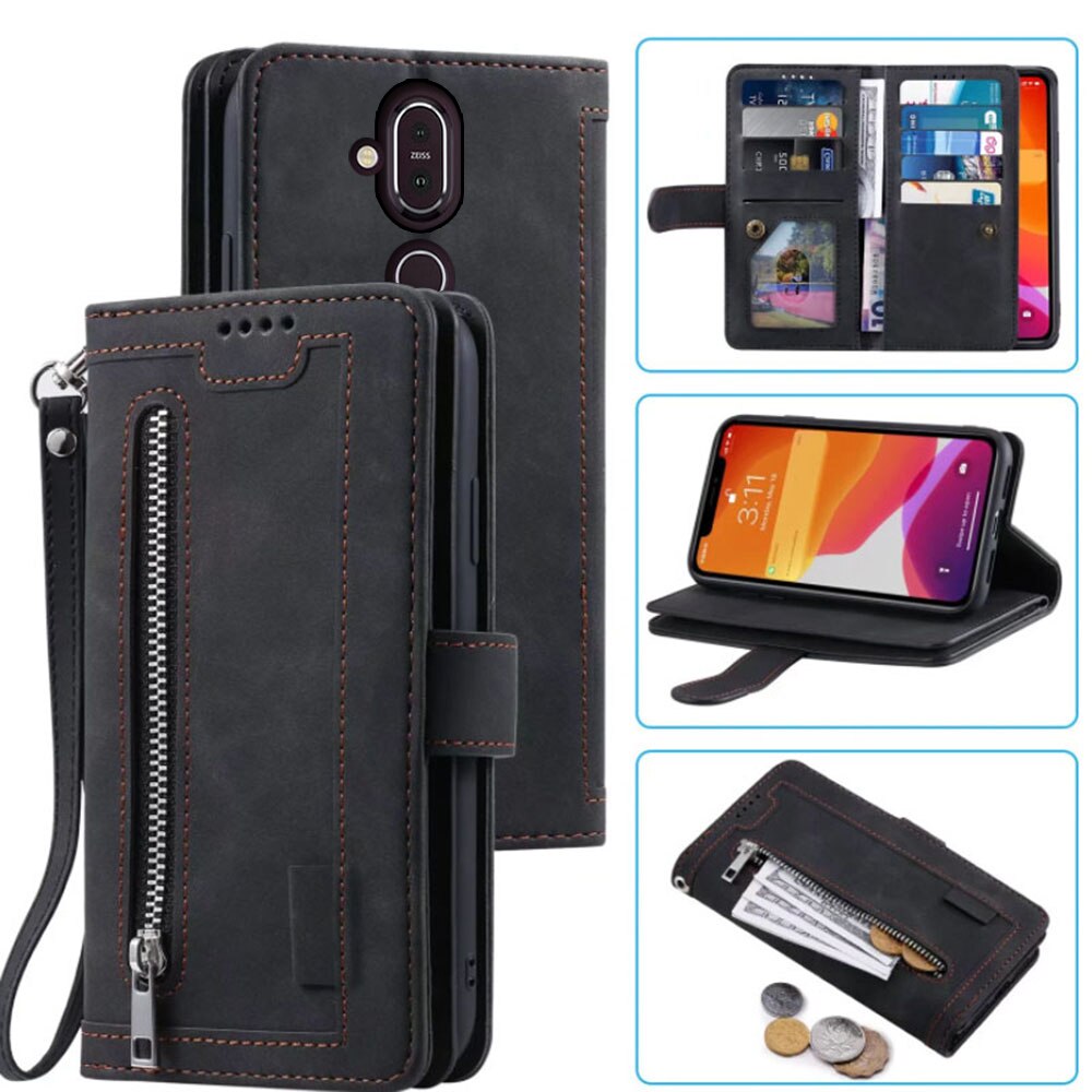 9 Cards Wallet Case For NOKIA 7.1 PLUS Case Card Slot Zipper Flip Folio with Wrist Strap Carnival For NOKIA X7 8.1 Cover