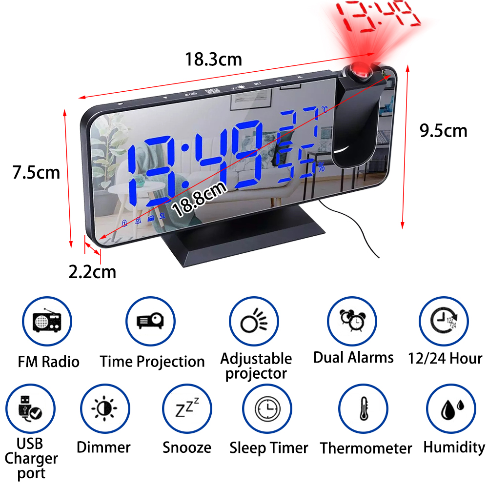 Reloj Despertador Digital con Proyección LED, Dispositivo Electrónico para Mesilla de Noche del Dormitorio con Radio FM y Proyector de Tiempo