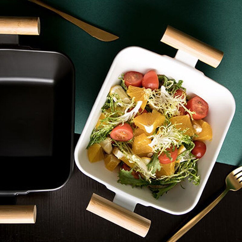Plato de cerámica para ensaladas y frutas con asa de doble oreja recipiente grande para sopa cuadrado con tapa de madera herramienta de vajilla de gran capacidad para el hogar