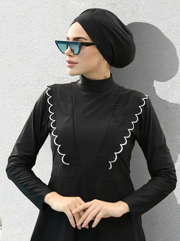 3 stk. sort serie beskeden burkini femmes muslimsk badedragt badetøj sommer strand dame badedragt lotusblad kant