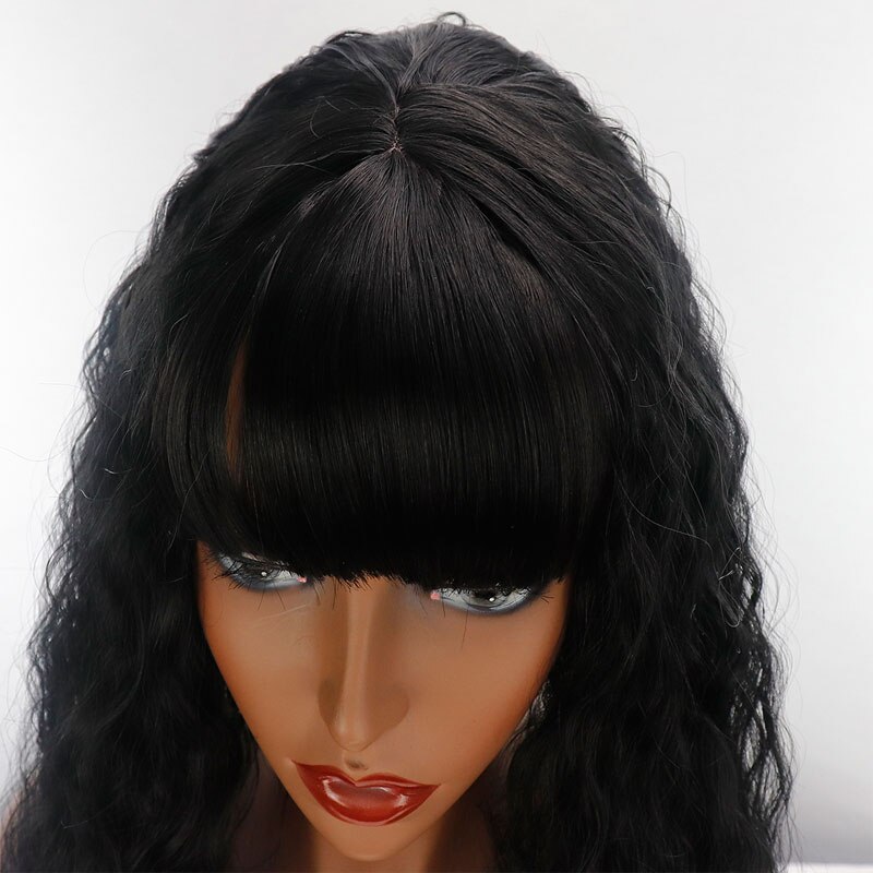 Bombshell Black Long Loose Bouncy Curly Synthetic Hair Wig Glueless Heat Resistant Fiber Hair With Full Bangs For Women Wigs