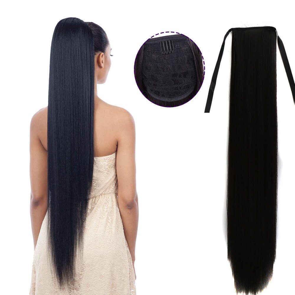 30inch Synthetic Long Straight Drawstring Ponytail For Women Natural PonyTail Hairpieces Heat Resistant Clip in Hair Extension: Ribbon