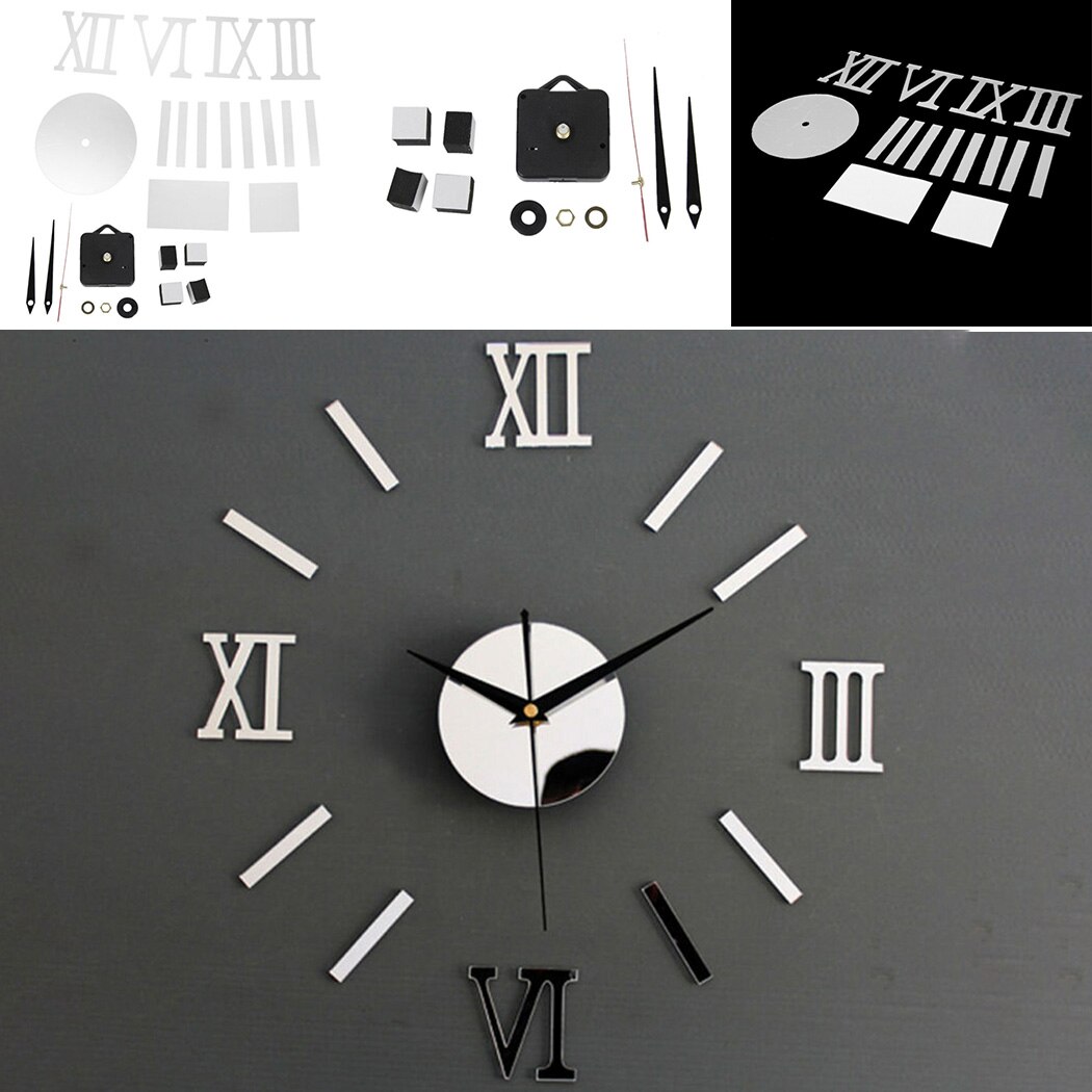 Diy 3d romeinse cijfers horloge klok huisdecoratie spiegel gezicht muursticker-zilver 3d acryl romeinse cijfers wandklok zilver