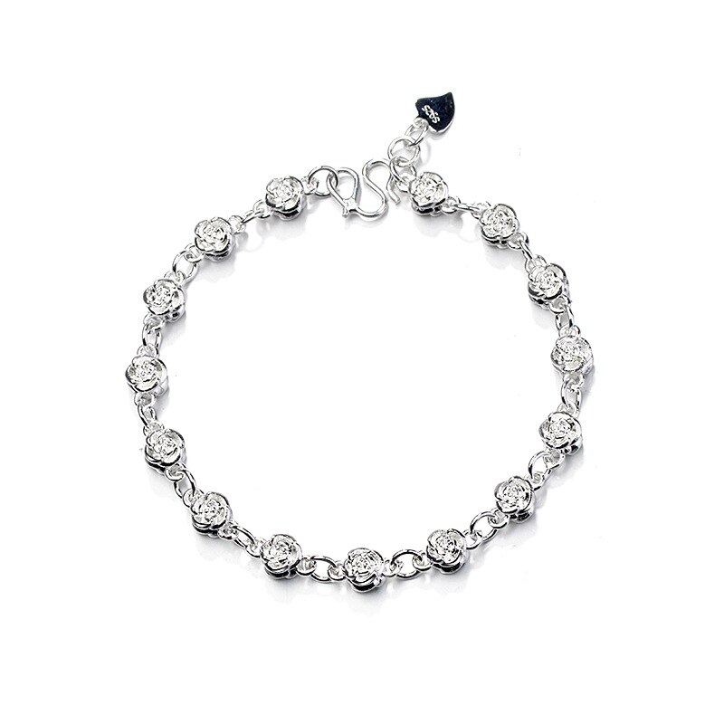 OMHXZJ Europese Mode Vrouw Meisje Party Verjaardag Huwelijkscadeau Vintage Bloem Rose S925 Sterling Zilveren Armband BA112: Default Title