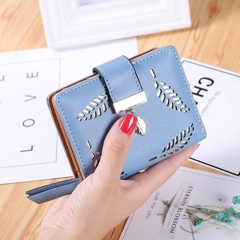 Vrouwen portemonnee pu leren portemonnee dames lange portemonnee gouden holle bladeren buidel handtas voor vrouwen portemonnee kaarthouders clutch: Blauw een