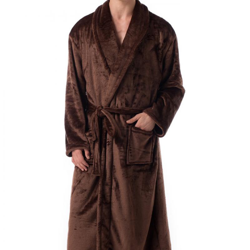 Afslappet mandlig morgenkåbe herre badekåber langærmet revers krave herre flannel morgenkåbe med bælte plys kimono varm mandlig badekåbe frakke: Kaffe farve / L