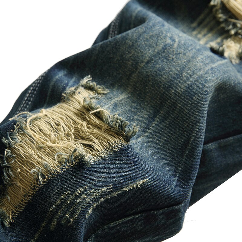 Mænd mørkeblå ripped jeans denim ødelagt bomuld afslappet hul ruinerede bukser til mandlige lange plus størrelse 28-42