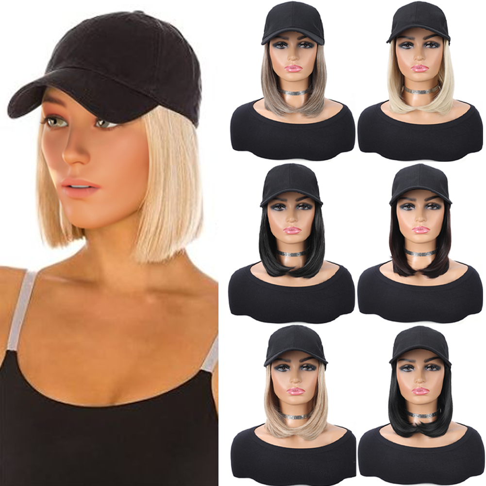 Boné de beisebol com extensões de cabelo sintético, liso, curto, bob, penteado ajustável, removível, peruca, chapéu, 10 polegadas, para mulher e menina