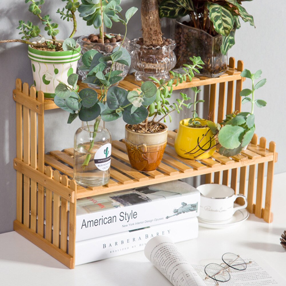 Two Tier Office Tabletop Storage Rack Bamboo Flower Planter Display Stand Plant Shelves Bonsai Decorative Storage Shelf For
