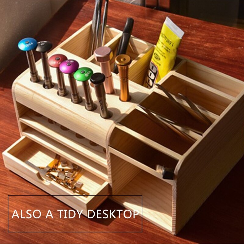 Wooden Multifunctional Storage Box for Store Tool Tweezers Knives Screwdrivers Cellphone Calculator Desk Supplies