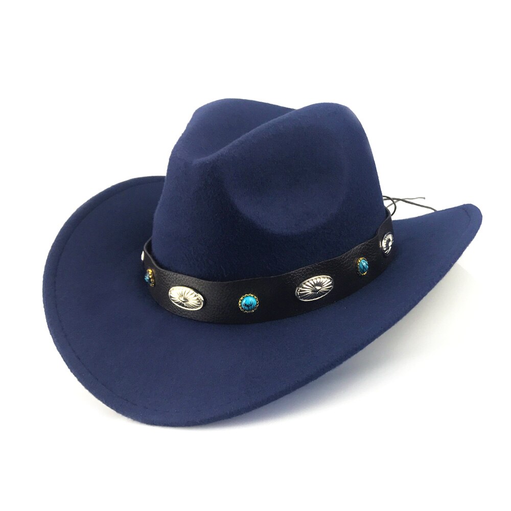 Yy retro vestlig cowboyhatt vinter med bredt metall pu lærbelte trilby caps menn kvinner rullebrett fedora jazz panama  yy20073: marine cowboy retro