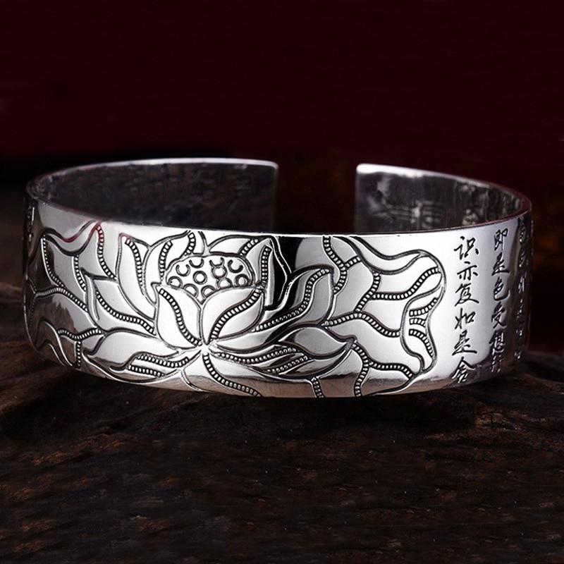 Lotus sutra sølvbelagt farve armbånd tibetanske buddhistiske skrifter sprog kvinde bred hånd smykker amulet armbånd