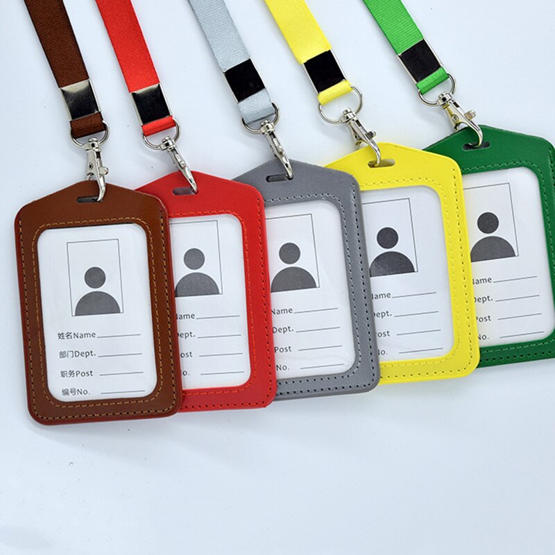 Portable Neck Strap Rope Staff Employee's ID Work Card Holder PU Office Buliding Gate Pass Access Card Cover Sleeve with Lanyard