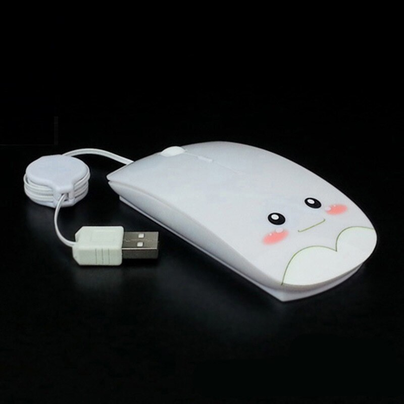 Retractable Wired Mouse Cartoon Gaming Mouse Silent Computer Mouse 1600DPI Optical Mouse Pink Blue White Mouse: white