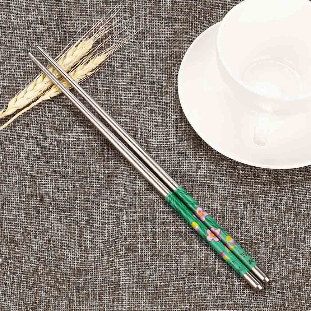 1 Pair Stainless Steel Chopsticks Patterns Food Sticks Portable Reusable Chopstick Sushi Length White Flower Pattern