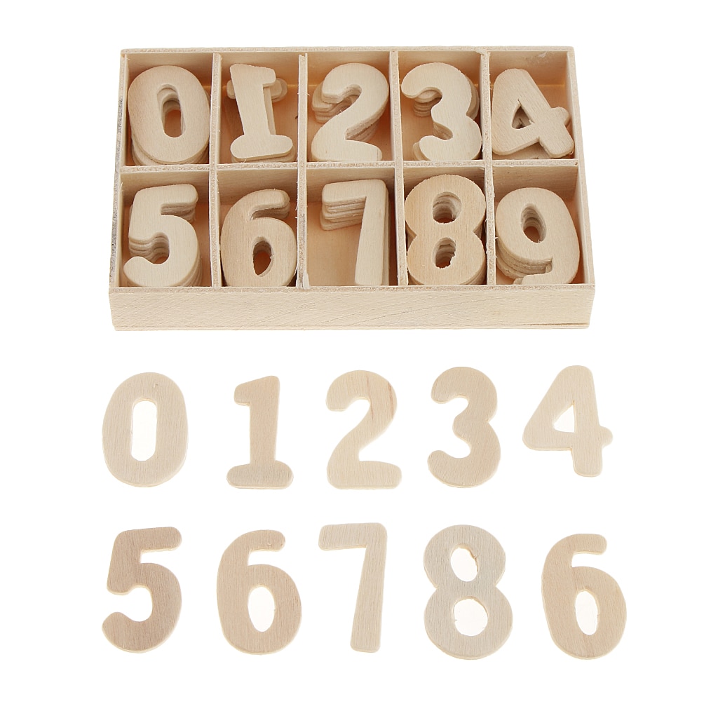 60 Piece Set Wooden Numbers - Wooden Craft Numbers with Storage Tray - Unpainted Wood Arabic Numbers Kids Learning