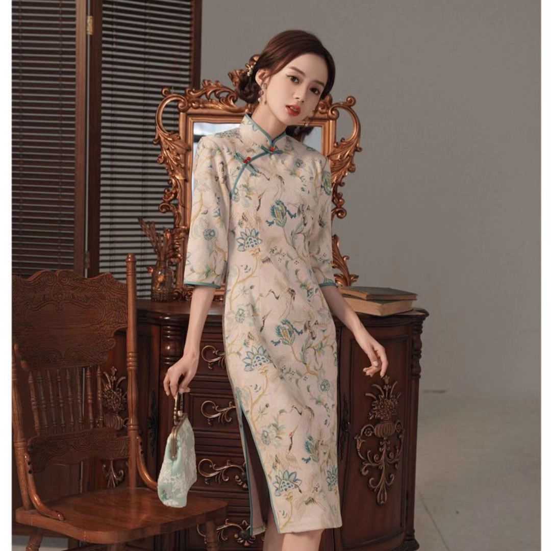 Qipao chino para mujer, vestido de media manga para chica joven, estilo Retro, de la antigua Shanghai, mejorado,: XL