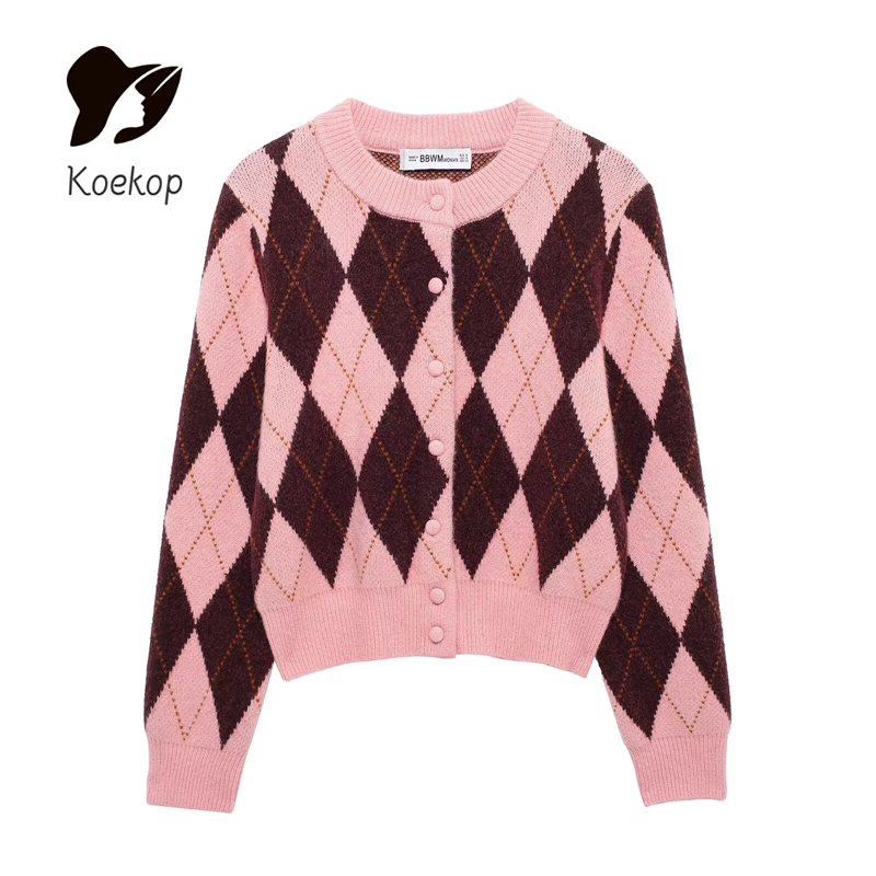 Koekop Giacca da donna chic da donna a maniche lunghe vintage con motivo a diamanti e girocollo alla moda: L