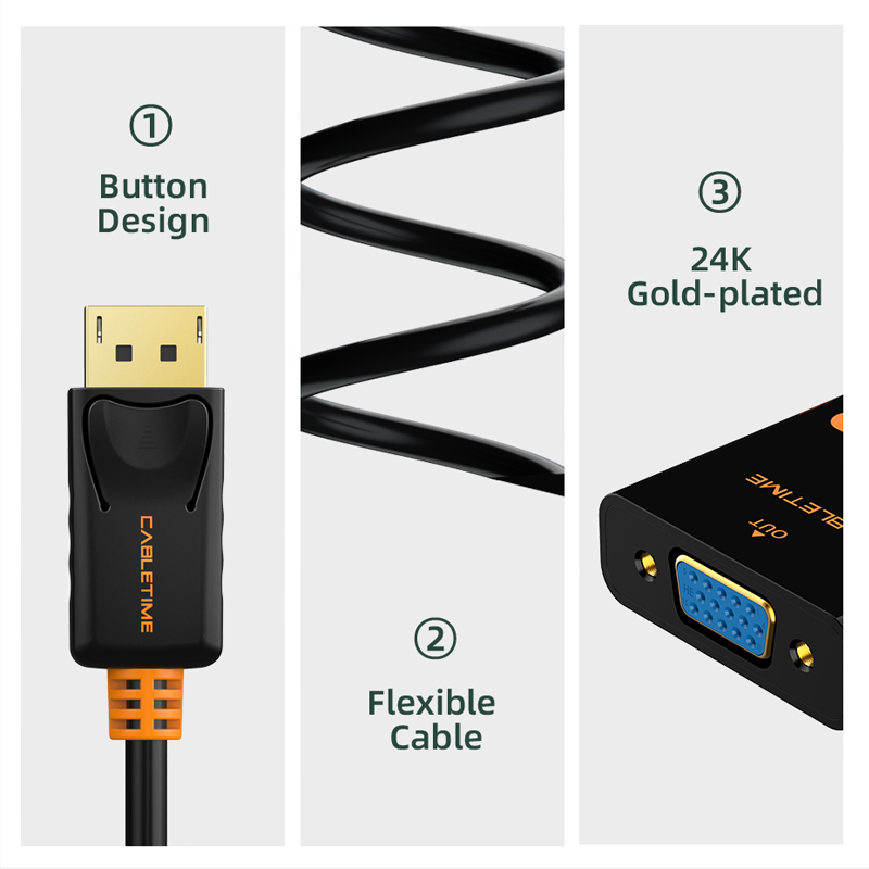 Kabeltid skjermport til vga adapter displayport vga hann hun dp til vga kabel omformer for kamera bærbar macbook pc  n008