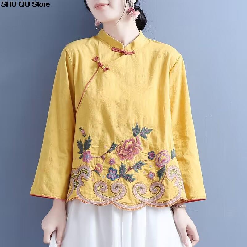 Chinesischen Stil Bestickt Baumwolle Leinen Shirts Frühling Sommer Retro Zugeknöpft Lange ärmeln Stand-up Kragen Kleidung Lose Tops
