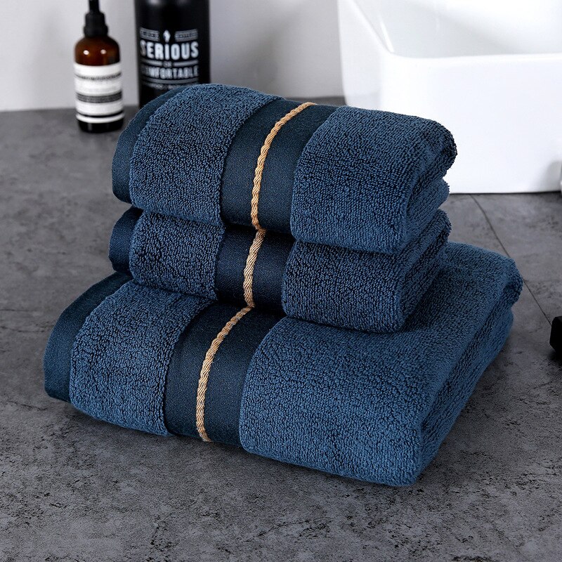 Lange-Nietje Katoen Handdoek Set Ster Hotel Luxe Satijn Handdoek Badhanddoek Thuis Super Zachte Absorberende Badkamer Gezicht handdoeken: Dark Blue / 3PCS Towel Set