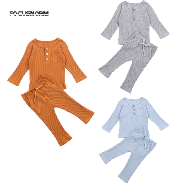 FOCUSNORM 0-5Y Automne Hiver Enfants Filles Pyjama Pour Garçons Ensembles Solide Tricot Manches Longues Hauts Pullover Pantalon 3 Couleurs