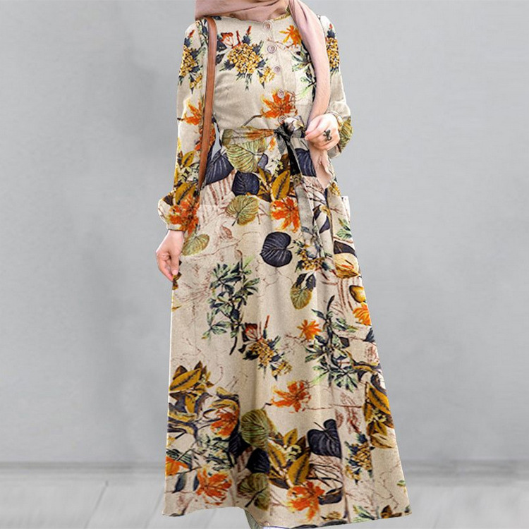 Abayas-vestido largo con estampado de flores para mujer, caftán marroquí, árabe, islámico, musulmán: M / YELLOW
