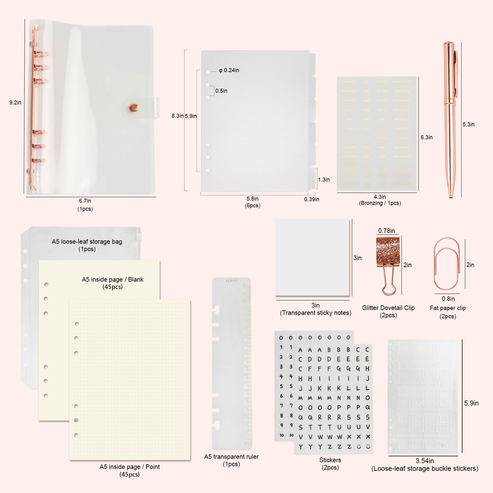 Classeur à feuilles mobiles en PVC Transparent, 6 anneaux, Clips de reliure en or Rose, grand carnet A5, ensemble de Journal planificateur