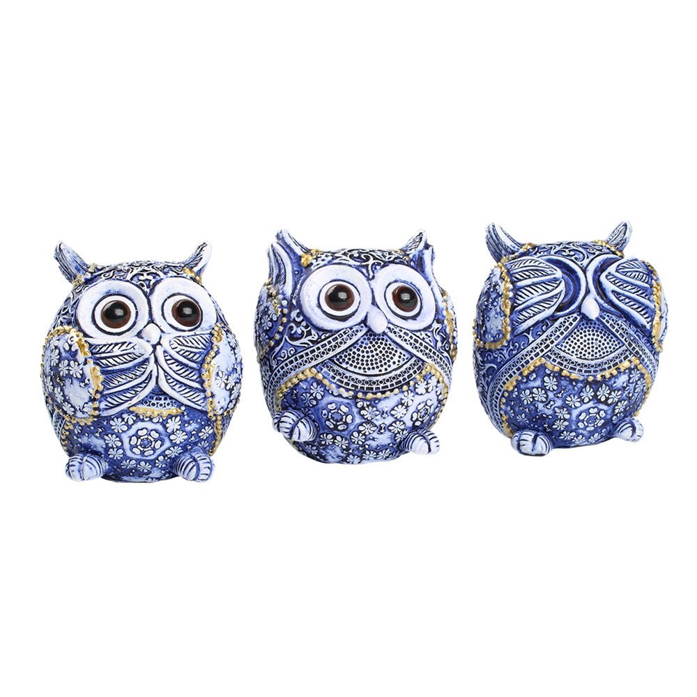 Uil standbeeld met verschillende gebaren, leuke uil standbeeld, leuke versierd home office snuisterij set 3, blauw