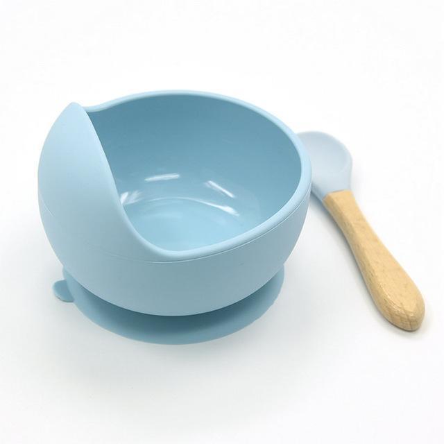 Baby siliconen voedingsset houten lepel zuigkom babybord kinderen peuterhulp servies bpa-vrij siliconen babyverzorging: Pastelblauw