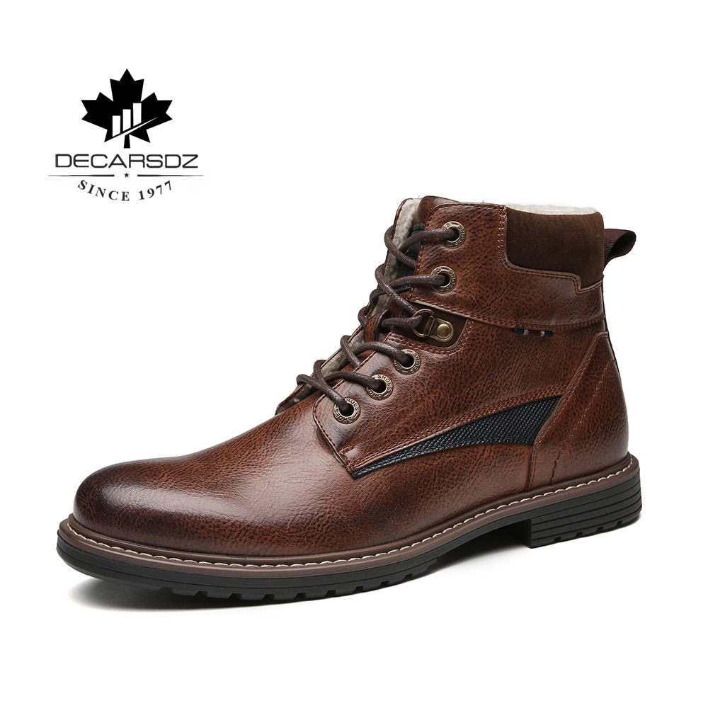 DECARSDZ-Botas de invierno para hombre, zapatos de , botas cómodas de cuero con cordones, cálidas y cortas de felpa, para invierno,