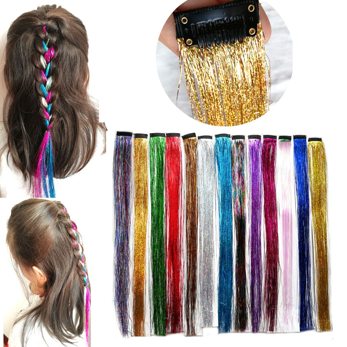 1pc fairy hair tinsel kit varmebestandig pack clip skinnende glitter hair extensions tilbehør til børn piger kvinder 13 farver 45cm