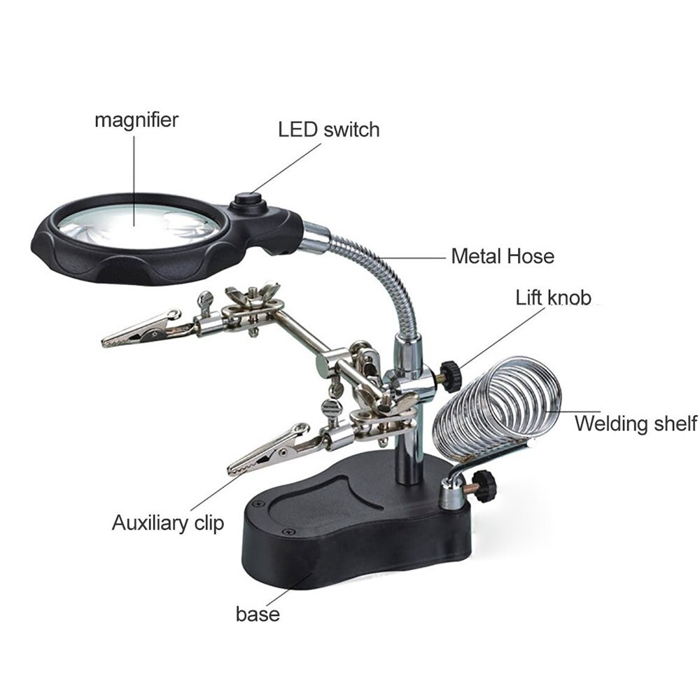 Magnify Glass 3.5x 12X 3rd Helping Clip LED Lighting Handheld Magnifying Soldering Iron Stand Glass Len Magnifier repair