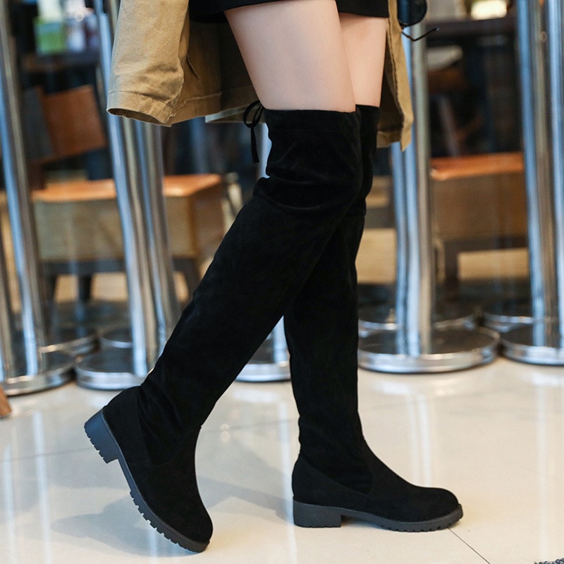 Plus Siz 34-41Fashion Vrouwelijke Winter Dij Hoge Laarzen Faux Suède Solid Hoge Hakken Vrouwen Over De Knie Schoenen