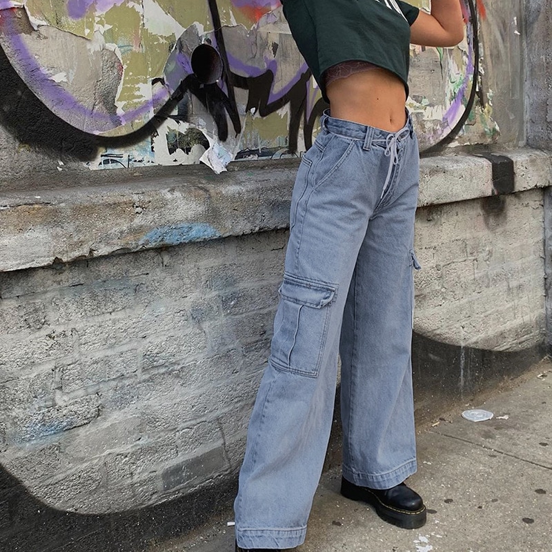 Yyxz lente herfst schattige losse grote zakken sml 3 kleuren hoge taille vrouw casual katoenen denim broek dames jeans broek