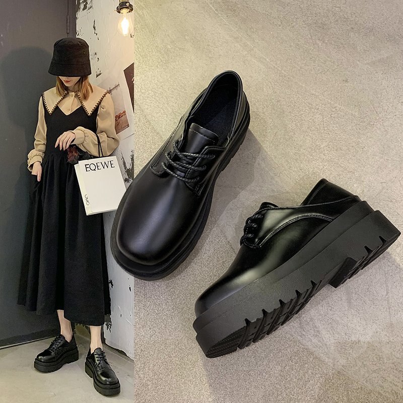 Höst kvinnor platå läderskor svart snörning oxford skor tjock sula kilar dam skor zapatos mujer spring 8765n