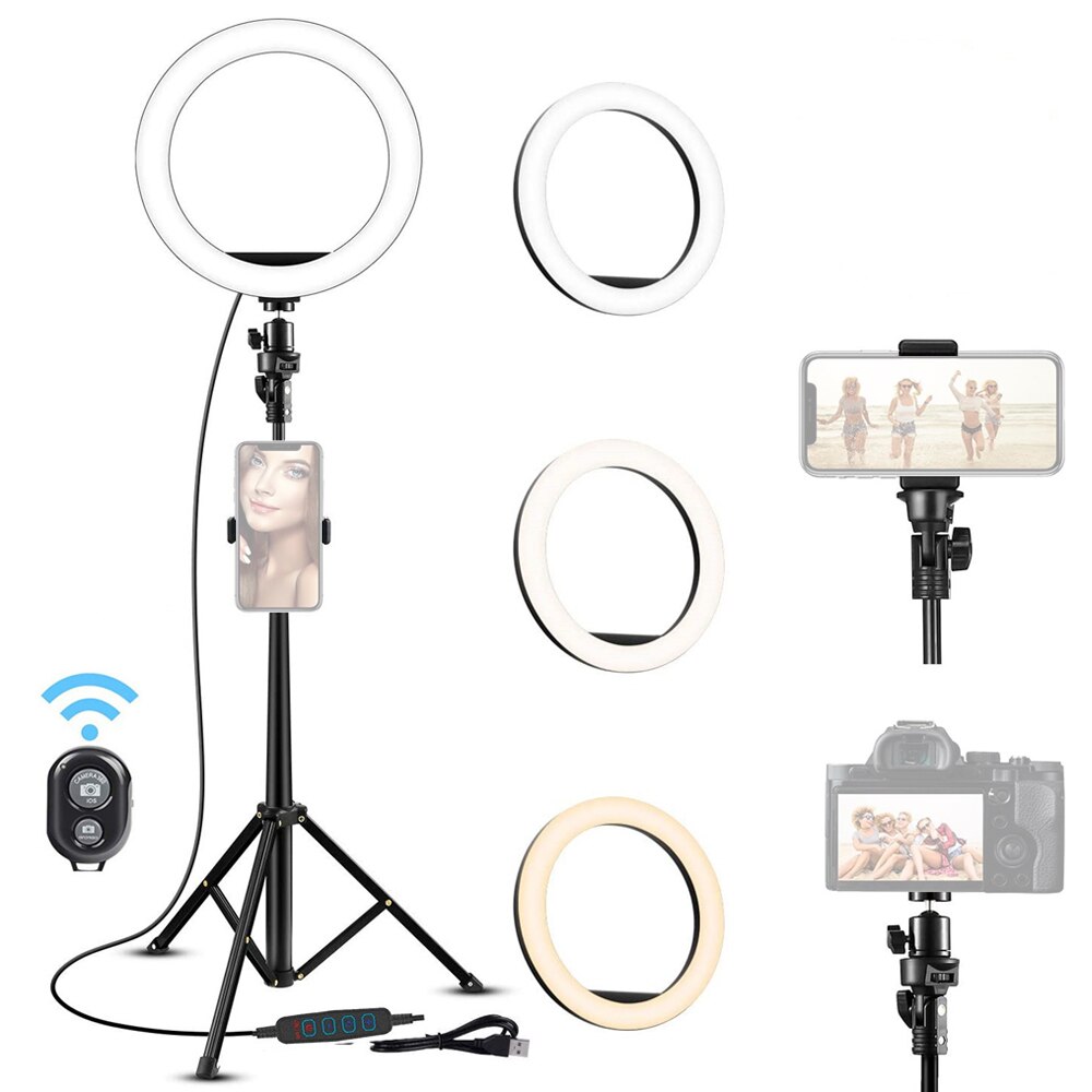 6inch LED Video Ring Light Lamp Dimmable 3 Lighting Modes USB Powered with Ballhead Adapter Phone Holder Tripod Stand