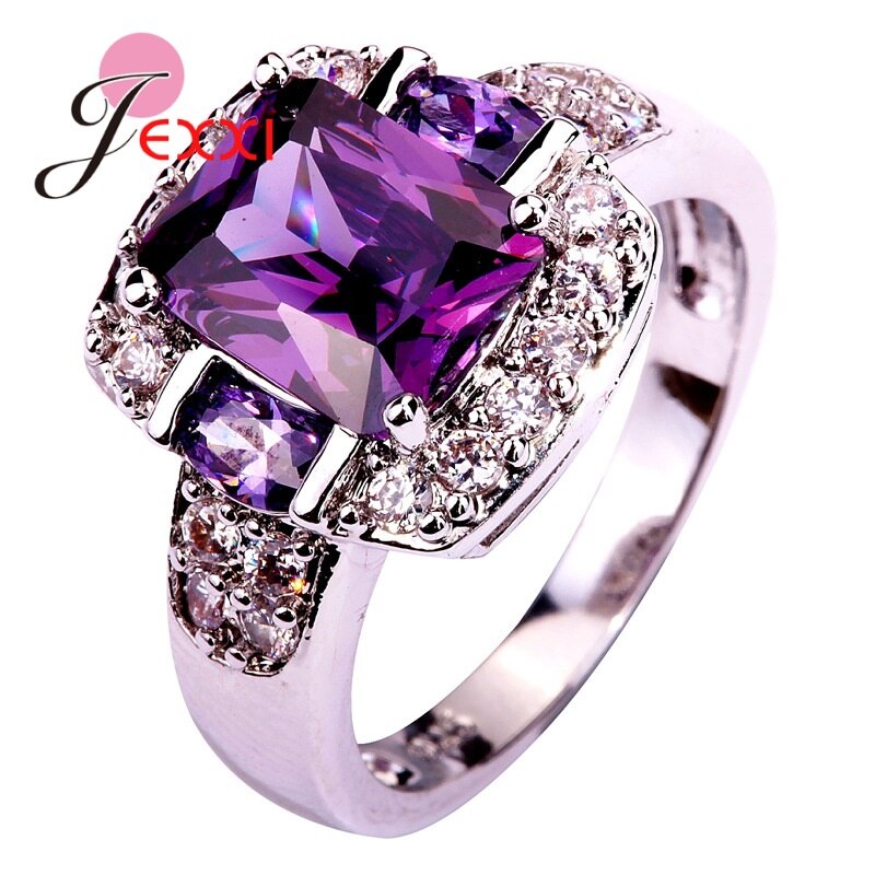 llegadas 925 anillos de plata esterlina de compromiso de boda para mujeres cristal claro Diamante de imitación joyería de: Purple / 7