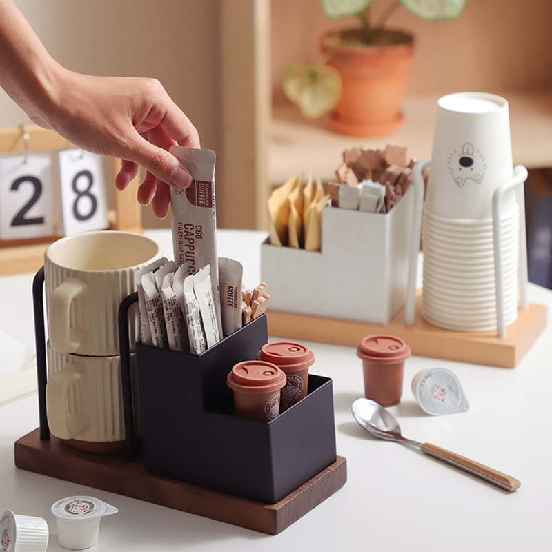 Wooden Coffee Station Organizer with Cup Holder and Condiment Storage - Coffee Bar Accessory for Disposable Cups and Coffee Supp