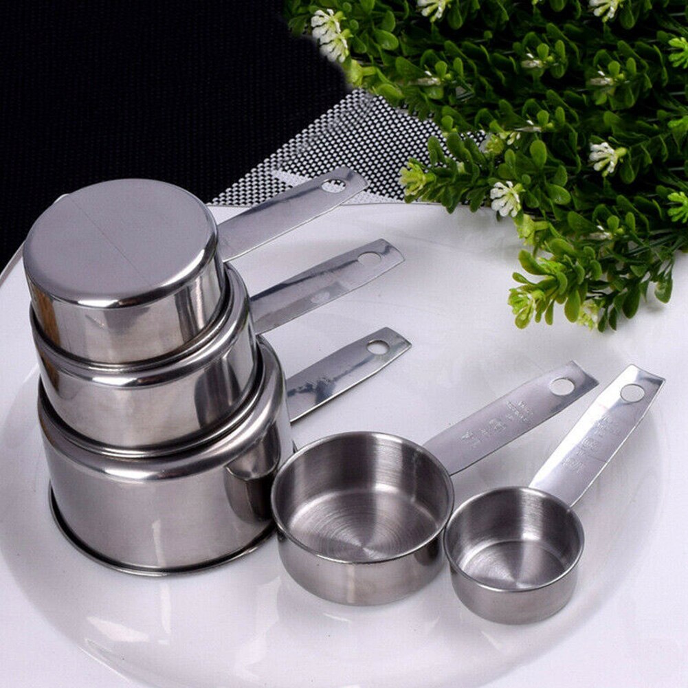 5pcs/set Baking Practical Durable Cooking Non Toxic Kitchen Tool Gadgets Stainless Steel Portable Measuring Cups Silver Spoons